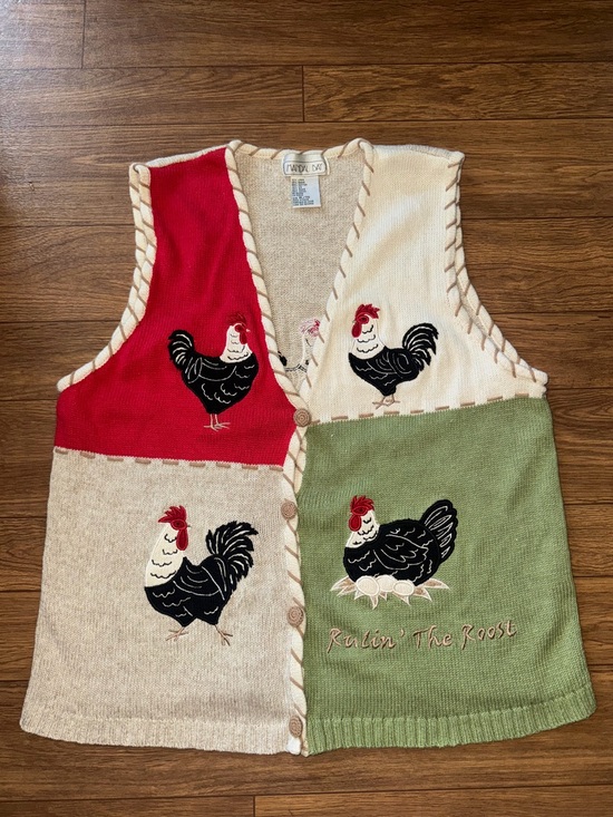 Mandal Bay Sweaters - Vintage 90s Mandal Bay Knit Chicken Rooster Embroidered Sweater Vest Size Xl